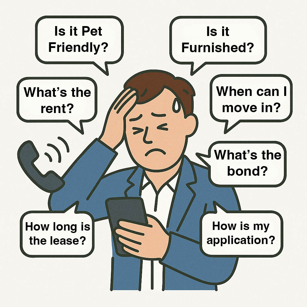 Illustration of a stressed property manager on the phone, surrounded by speech bubbles of common tenant questions — rent, pet policy, furnishing, bond, move-in date, lease length and application status.